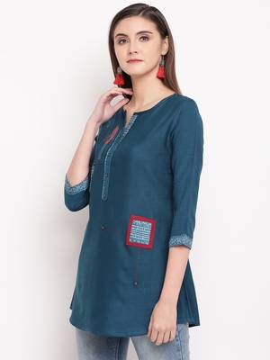 Teal Blue Embroidery With Print  A-line Short kurti 3
