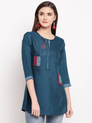 Teal Blue Embroidery With Print  A-line Short kurti 4