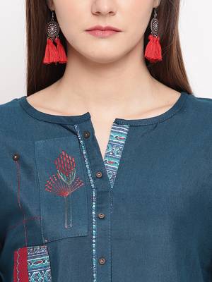Teal Blue Embroidery With Print  A-line Short kurti 5