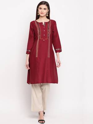 Maroon Embroidery With Print  Staright Kurti 1