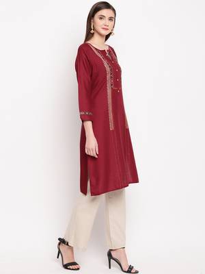 Maroon Embroidery With Print  Staright Kurti 4