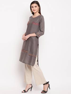 Grey Embroidery With Print  Staright Kurti 3
