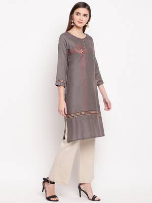 Grey Embroidery With Print  Staright Kurti 4