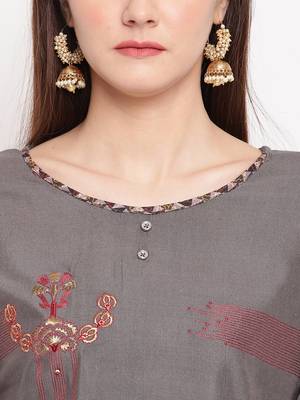 Grey Embroidery With Print  Staright Kurti 5