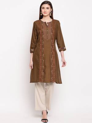 Brown Embroidery With Print  Staright Kurti 1