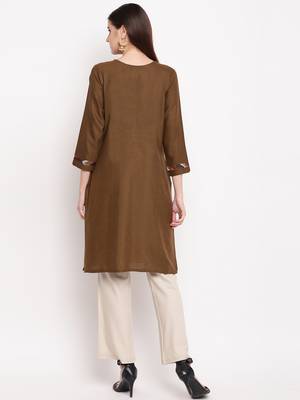 Brown Embroidery With Print  Staright Kurti 2