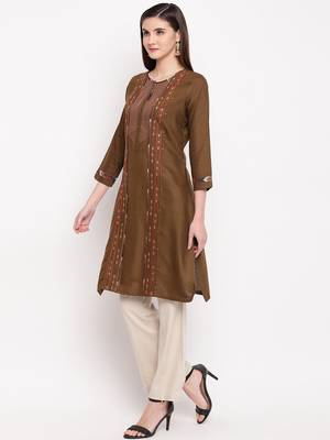 Brown Embroidery With Print  Staright Kurti 3