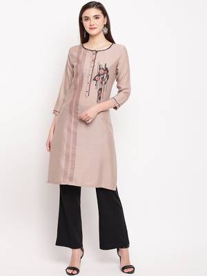 Beige Embroidery With Print  Staright Kurti 1