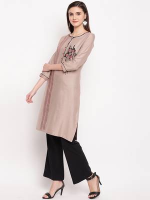 Beige Embroidery With Print  Staright Kurti 3