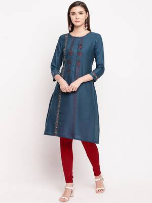 Teal Blue Embroidery With Print  Staright Kurti 1