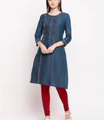 Teal Blue Embroidery With Print  Staright Kurti