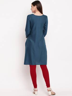 Teal Blue Embroidery With Print  Staright Kurti 2