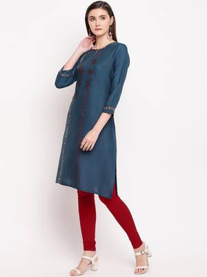 Teal Blue Embroidery With Print  Staright Kurti 3