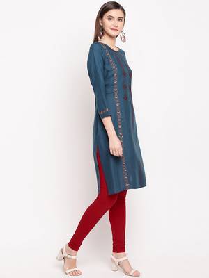 Teal Blue Embroidery With Print  Staright Kurti 4