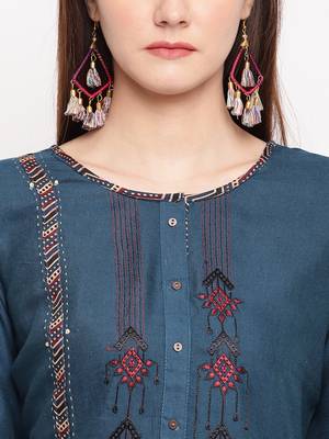 Teal Blue Embroidery With Print  Staright Kurti 5