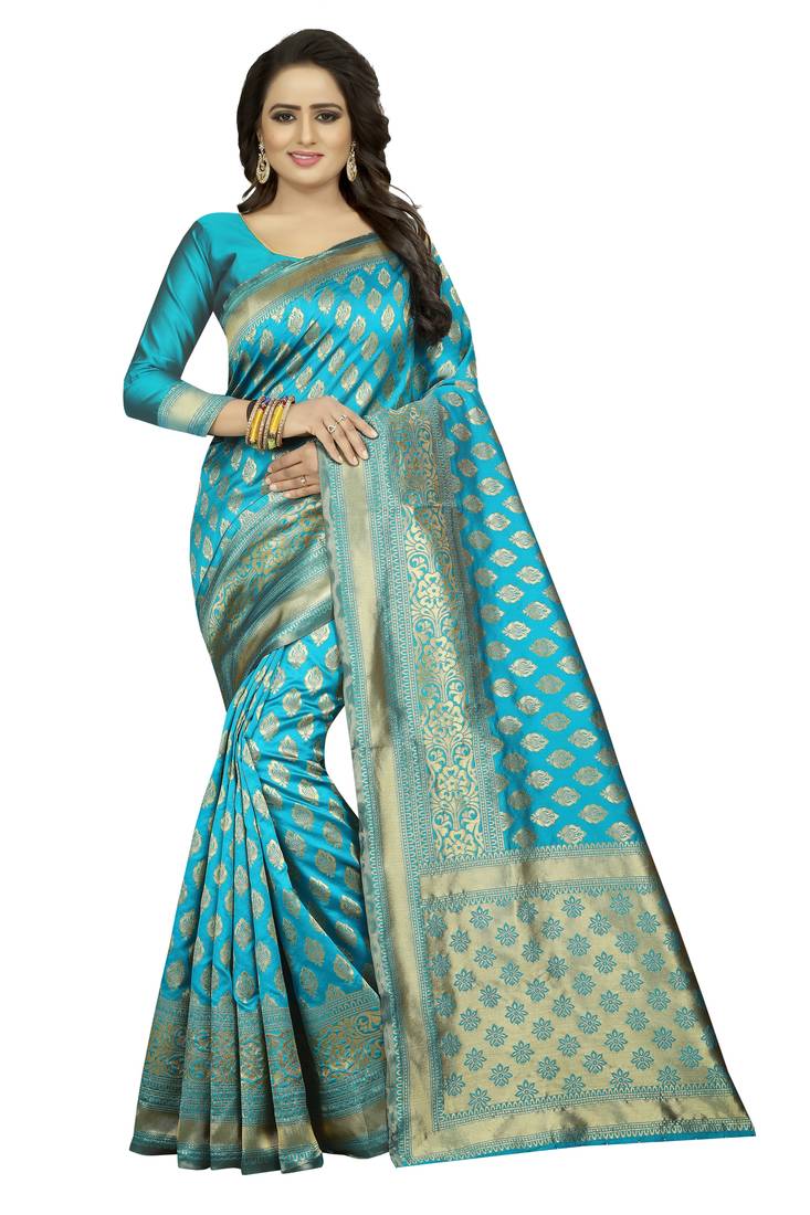 Turquoise woven jacquard saree with blouse