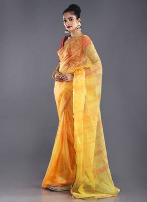Yellow & Red Organza Tie  Dye Saree With Golden Border 1