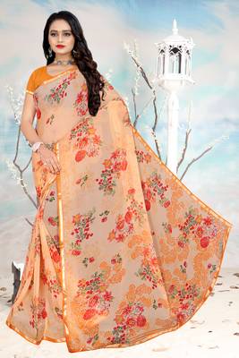 Orange printed chiffon saree with blouse 1