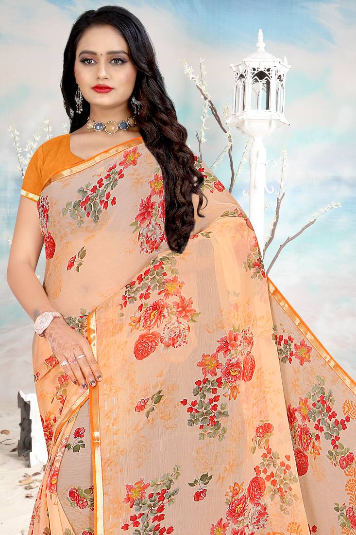 Orange printed chiffon saree with blouse