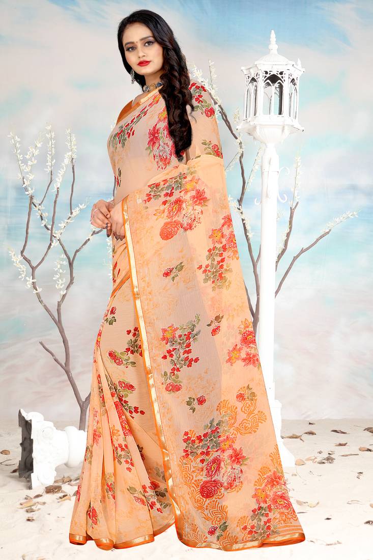 Orange printed chiffon saree with blouse