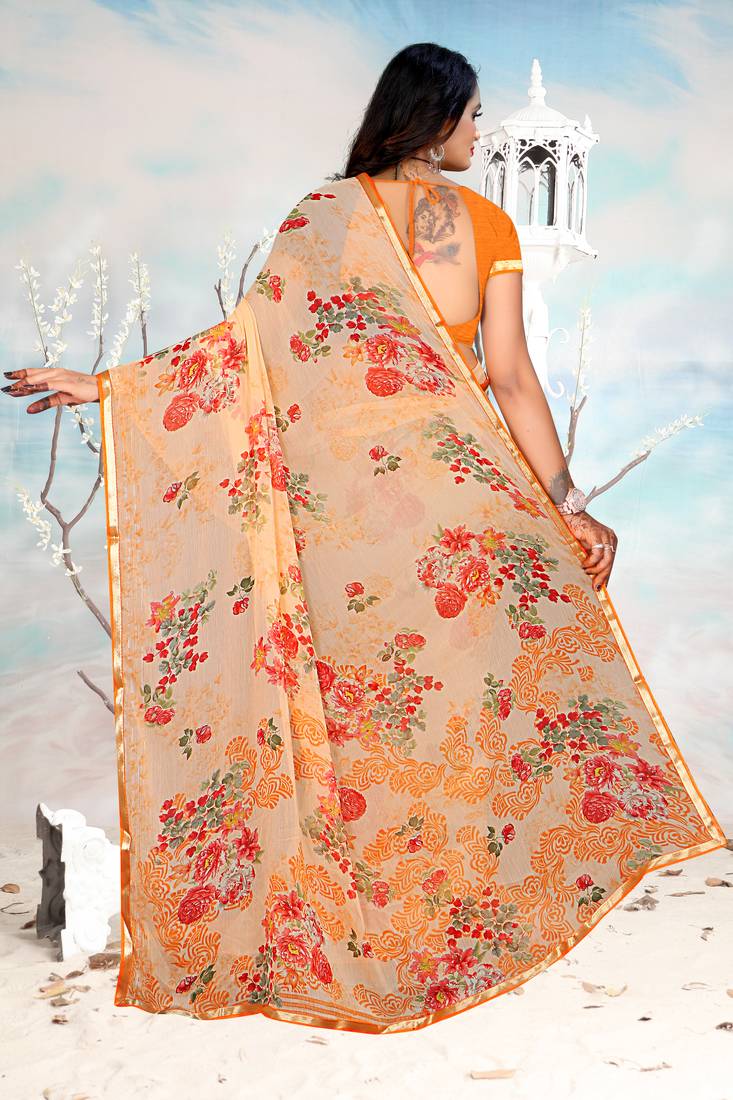 Orange printed chiffon saree with blouse