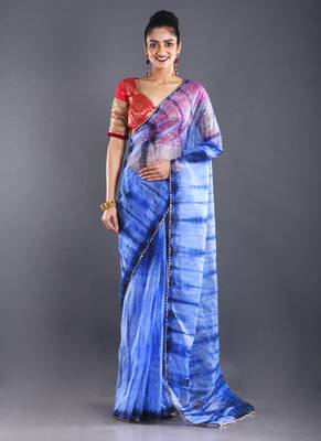Blue & Royal Blue Organza Tie  Dye Saree With Golden Border 1