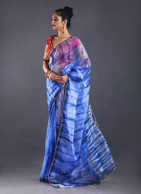 Blue & Royal Blue Organza Tie  Dye Saree With Golden Border 2