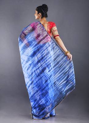 Blue & Royal Blue Organza Tie  Dye Saree With Golden Border 3