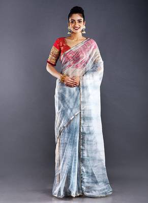 Grey & Dark Grey Organza Tie  Dye Saree With Golden Border 1