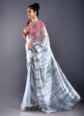 Grey & Dark Grey Organza Tie  Dye Saree With Golden Border 2