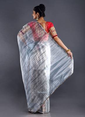 Grey & Dark Grey Organza Tie  Dye Saree With Golden Border 3