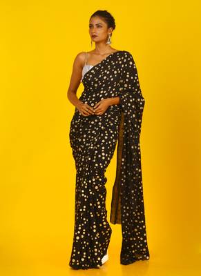 Black Blended Chiffon With Golden Polka 1