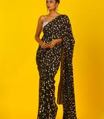 Black Blended Chiffon With Golden Polka