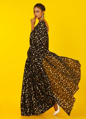 Black Blended Chiffon With Golden Polka 2