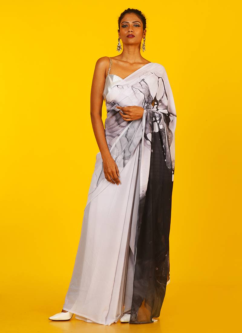 Black & White Impulse Blended Georgette Digital Printed Saree
