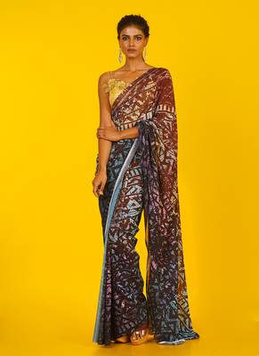 Brown Kitsch Ikkat Blended Georgette Digital Printed Saree 1