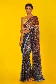 Brown Kitsch Ikkat Blended Georgette Digital Printed Saree