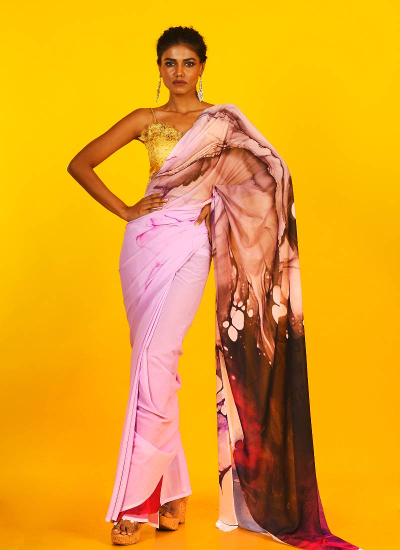 Pink & Red Impulse Blended Georgette Digital Printed Saree