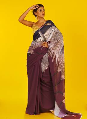 Brown & Black Aves Blended Georgette Digital Printed Saree 1