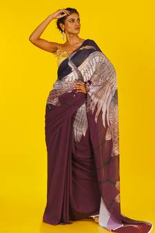 Brown & Black Aves Blended Georgette Digital Printed Saree