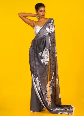 Monochrome Tulips Blended Georgette Digital Printed Saree 1