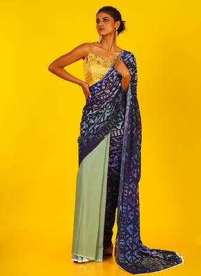Blue Kitsch Ikkat Blended Georgette Digital Printed Saree 1