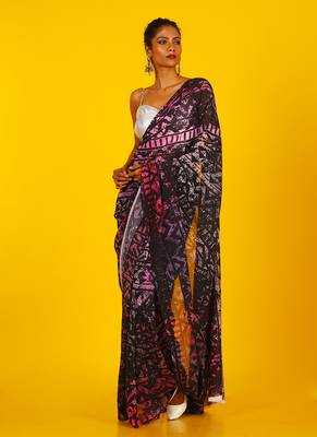 Pink Kitsch Ikkat Blended Georgette Digital Printed Saree 1