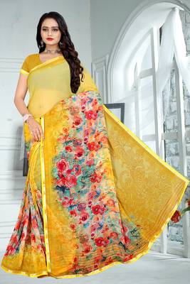 Yellow printed Chiffon Saree with Blouse 1