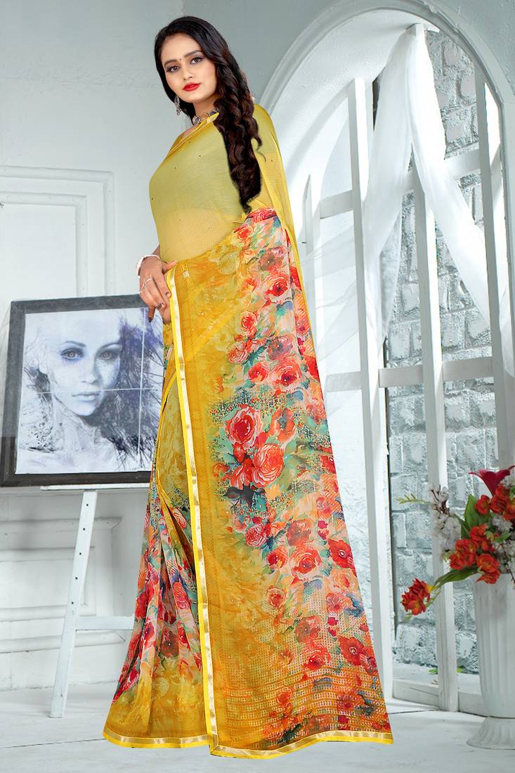 Yellow printed Chiffon Saree with Blouse