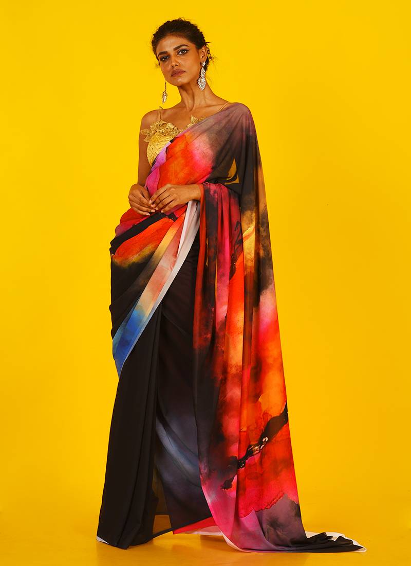 Black Honeysong Blended Georgette Digital Printed Saree
