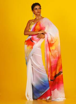 White Honeysong Blended Georgette Digital Printed Saree 1