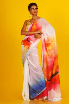 White Honeysong Blended Georgette Digital Printed Saree