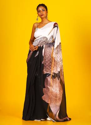Black & White Aves Blended Georgette Digital Printed Saree 1