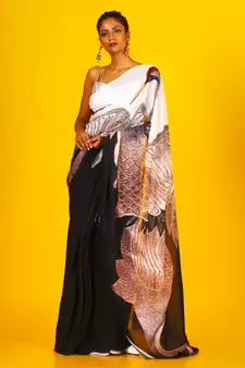 Black & White Aves Blended Georgette Digital Printed Saree